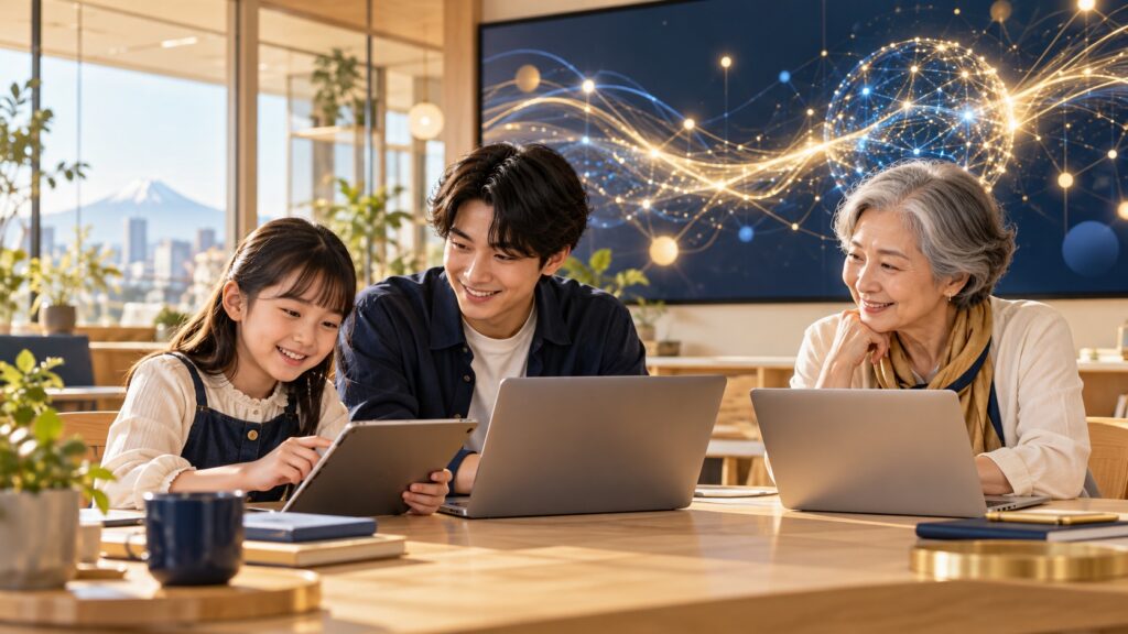 世代の違う人たちがAIと一緒に学ぶイメージ